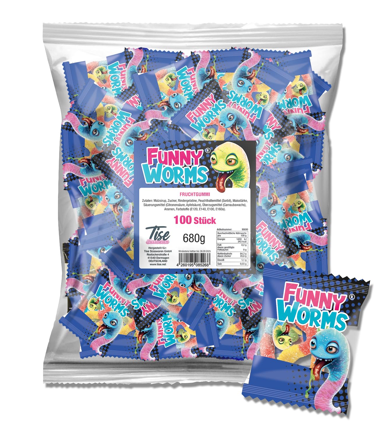 Funny Worms Fruchtgummi einzeln verpackt – Bunte, saure Fruchtgummi Würmer